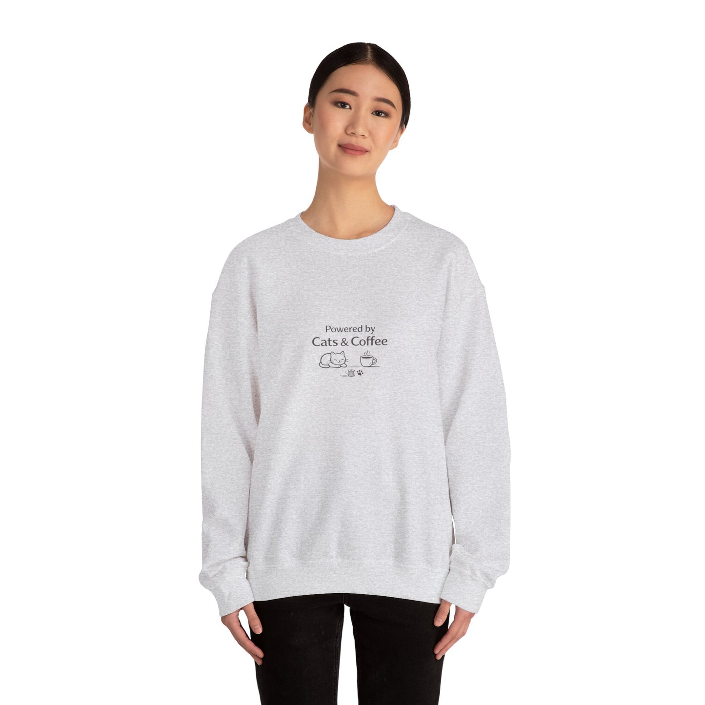 "Powered by Cats & Coffee" Print - Crewneck Sweatshirt Cute Cat and Coffee Graphic