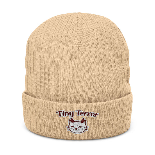 Embroidered 'Tiny Terror' Cat Ribbed Knit Beanie — Cozy Winter Hat