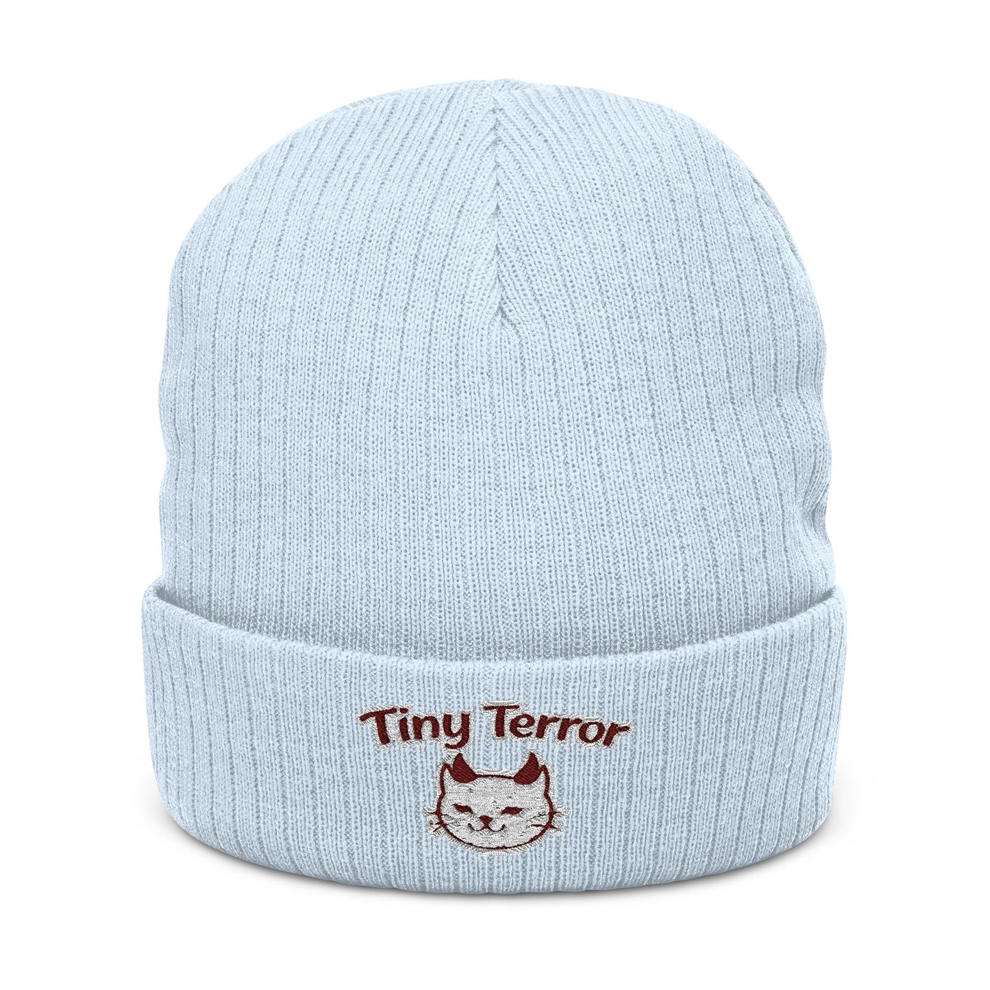 Embroidered 'Tiny Terror' Cat Ribbed Knit Beanie — Cozy Winter Hat