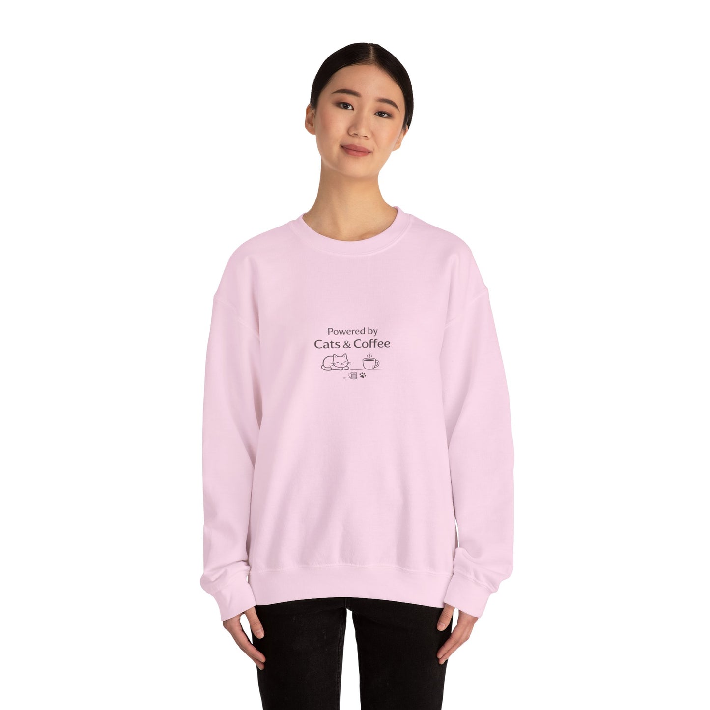 "Powered by Cats & Coffee" Print - Crewneck Sweatshirt Cute Cat and Coffee Graphic
