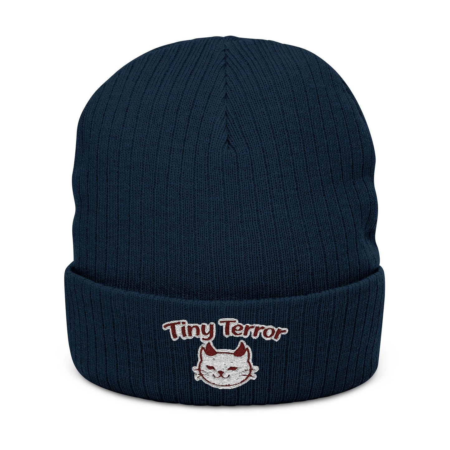 Embroidered 'Tiny Terror' Cat Ribbed Knit Beanie — Cozy Winter Hat