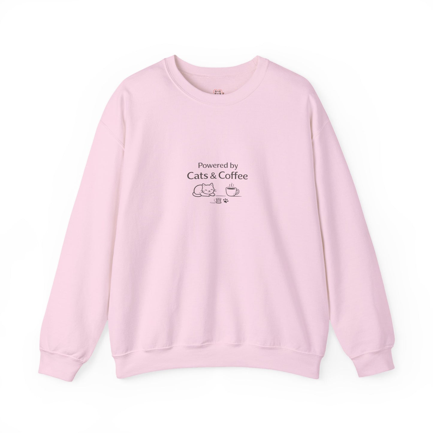 "Powered by Cats & Coffee" Print - Crewneck Sweatshirt Cute Cat and Coffee Graphic