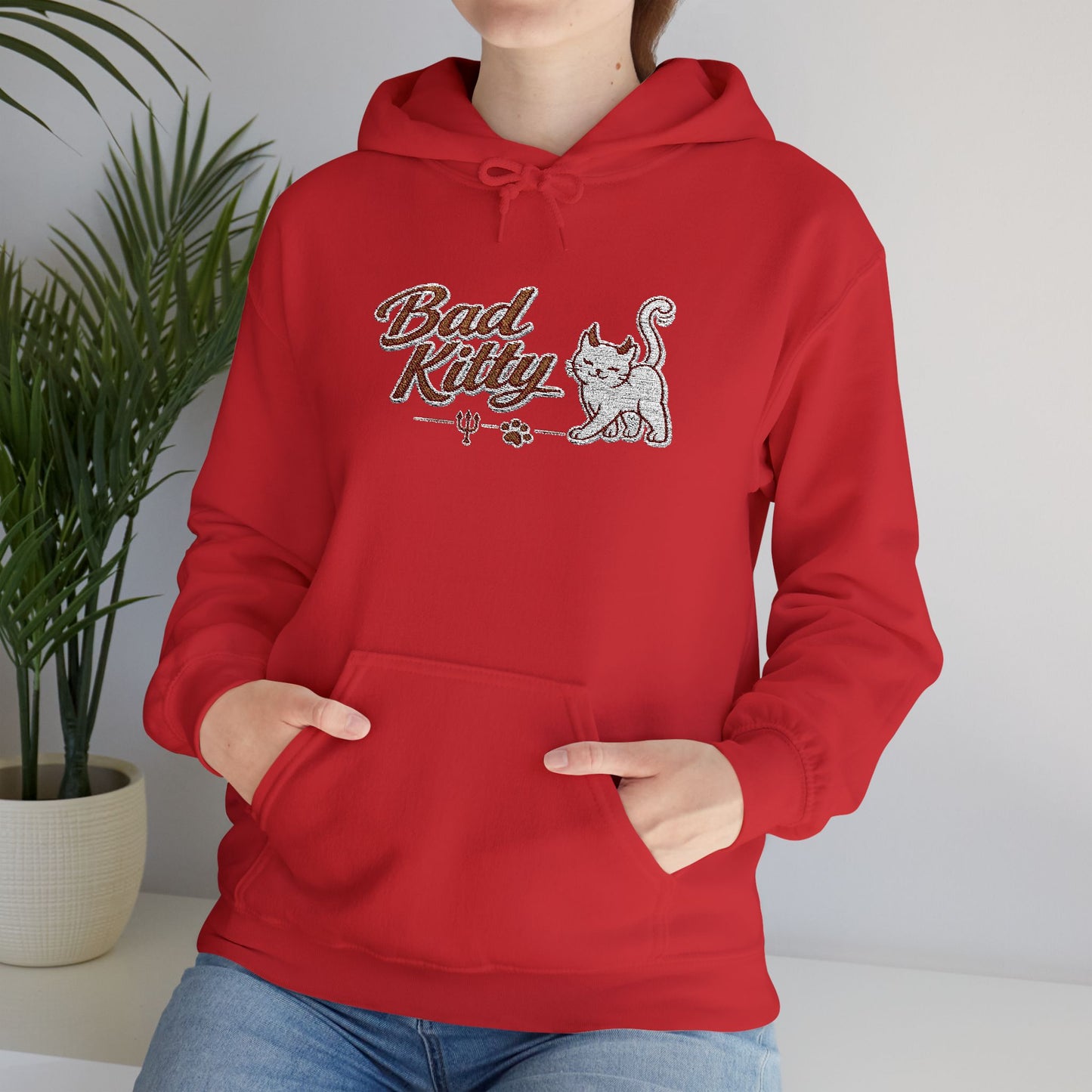 Bad Kitty Embroidered Hoodie — Cute Retro Cat Graphic Pullover