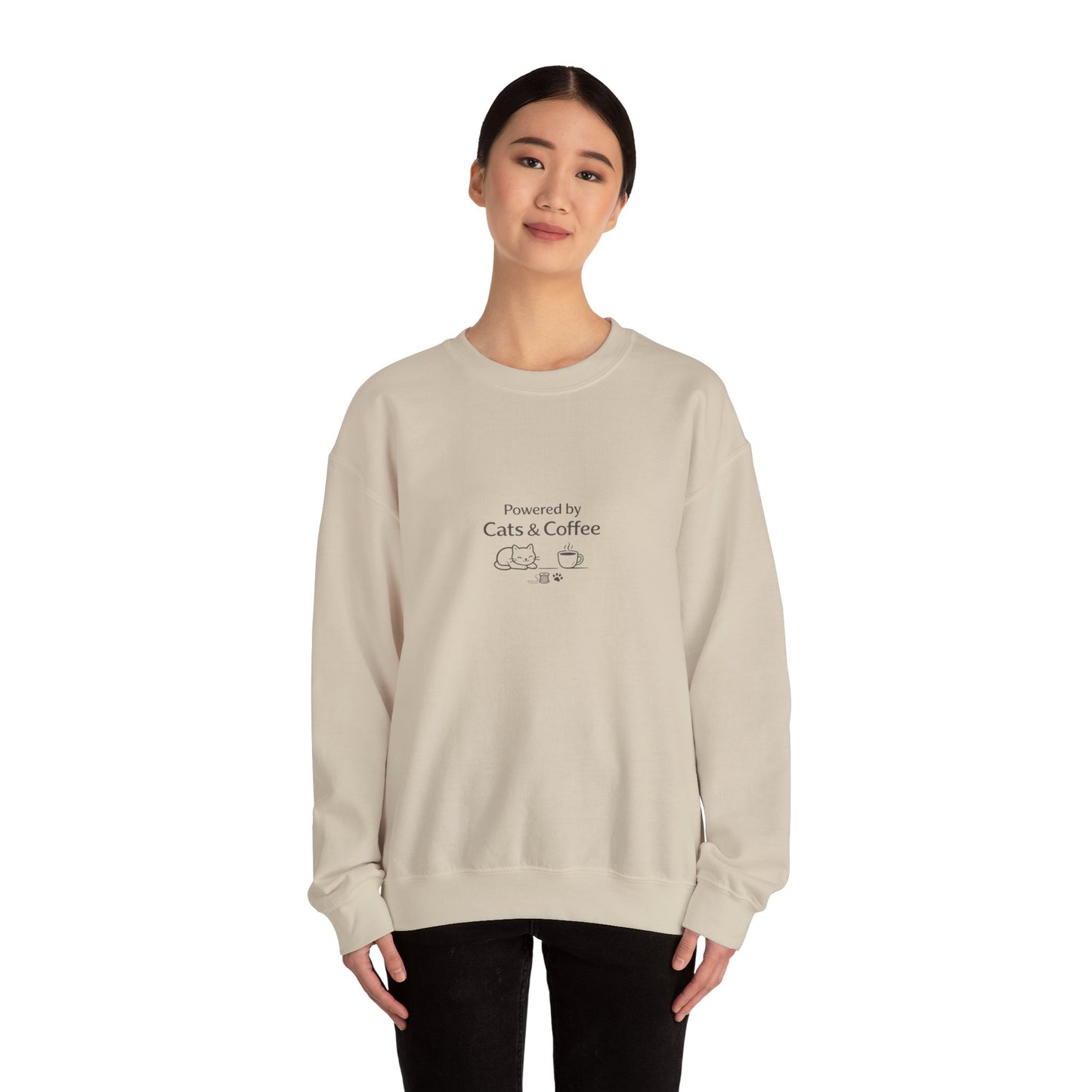 "Powered by Cats & Coffee" Print - Crewneck Sweatshirt Cute Cat and Coffee Graphic