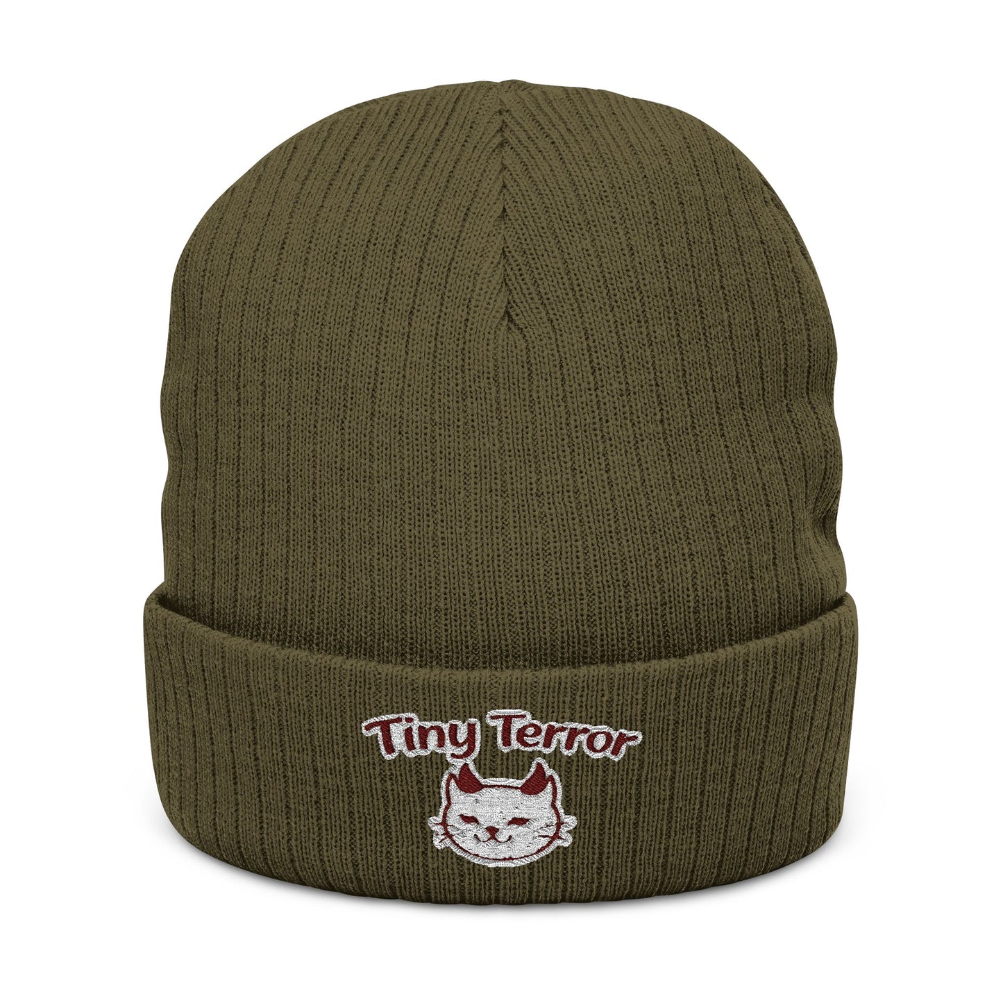 Embroidered 'Tiny Terror' Cat Ribbed Knit Beanie — Cozy Winter Hat
