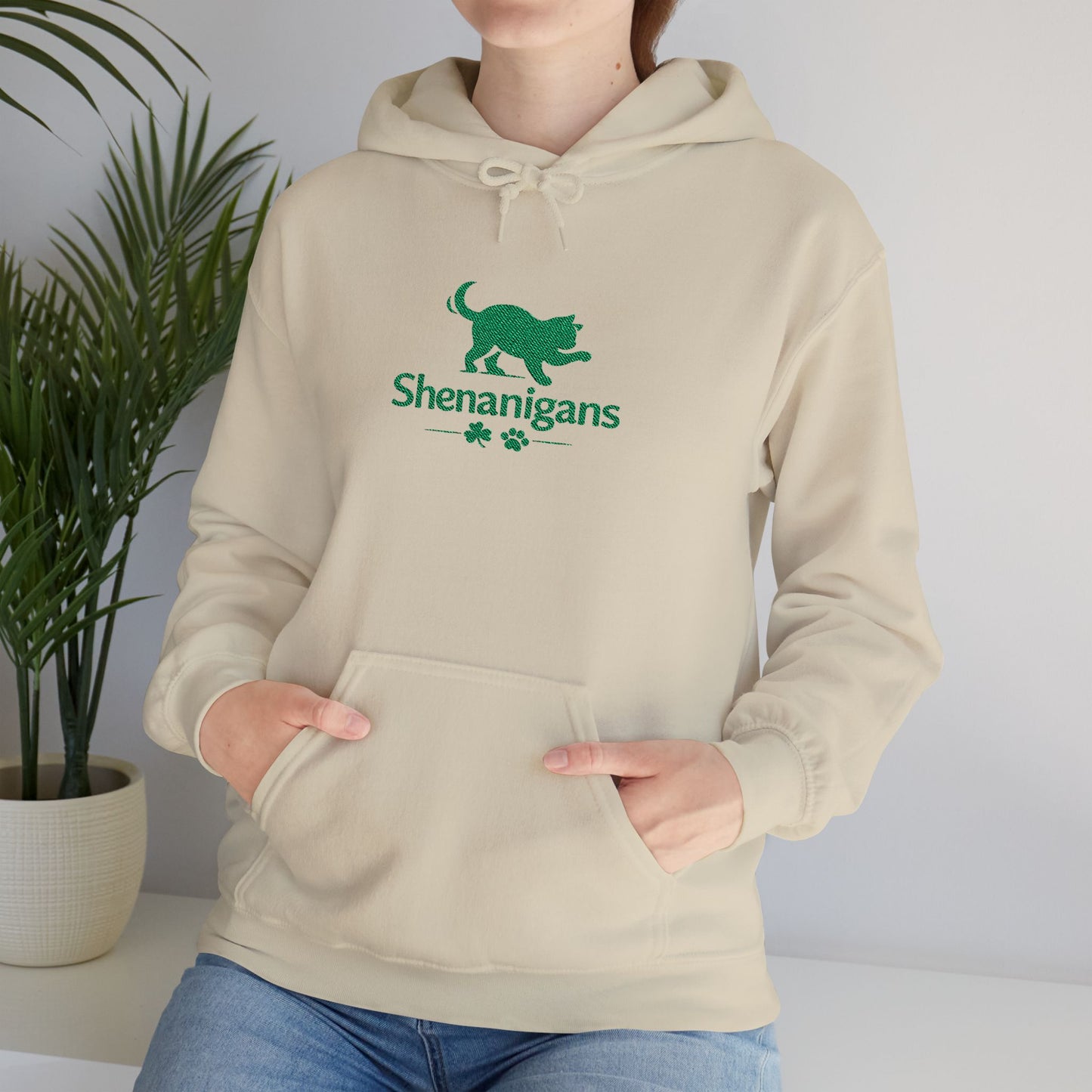 Shenanigans Embroidered Cat Hoodie – Cozy St. Patrick’s Day Pullover