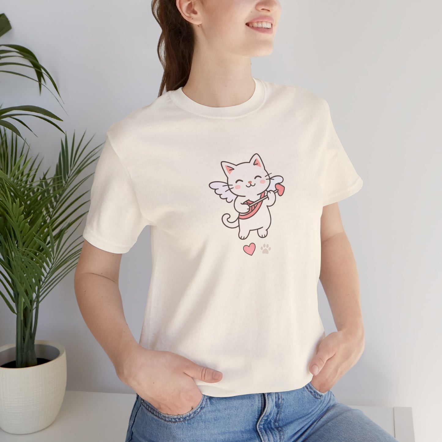 Cute Cupid Kitty T-Shirt — Angel Cat Playing Ukulele with Hearts