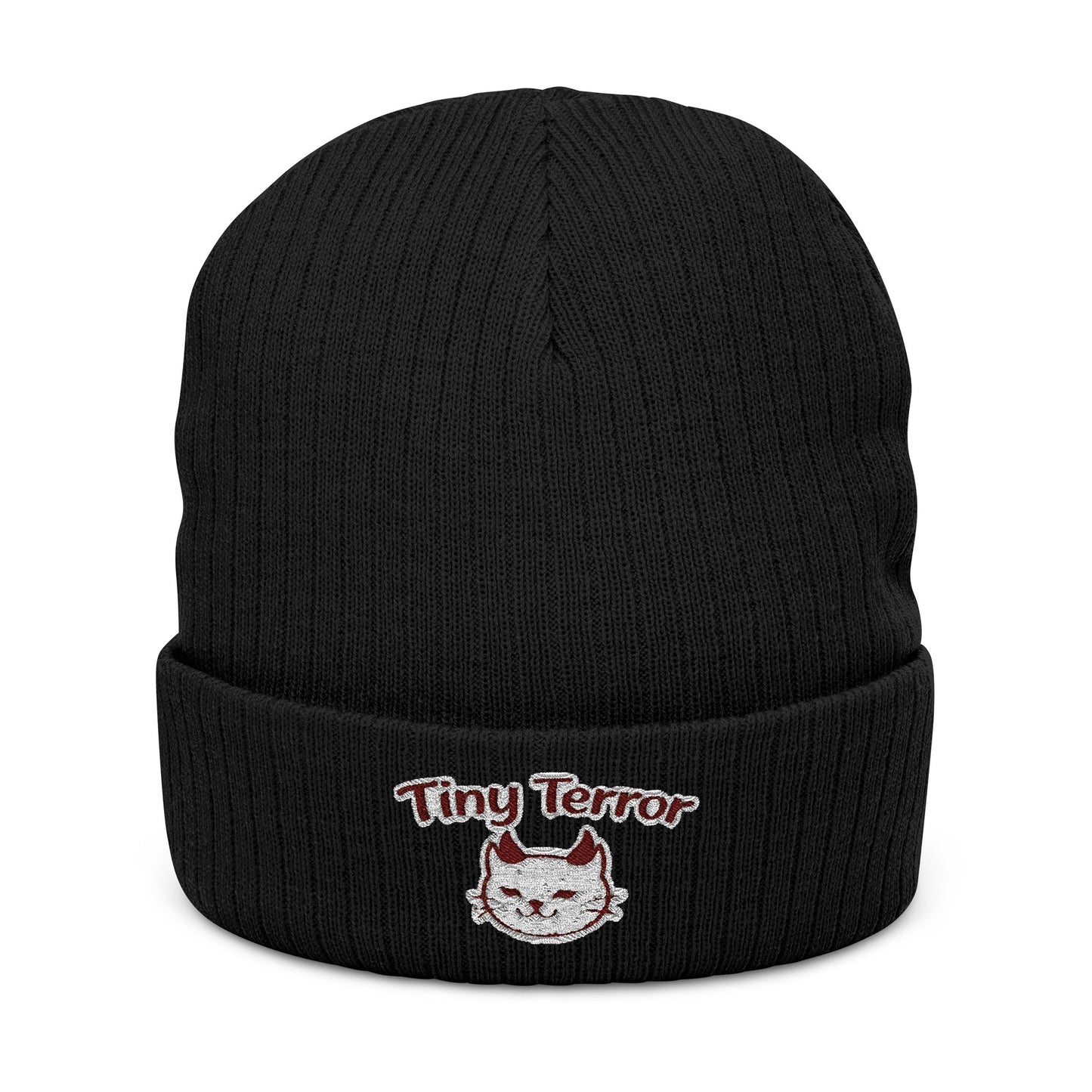 Embroidered 'Tiny Terror' Cat Ribbed Knit Beanie — Cozy Winter Hat