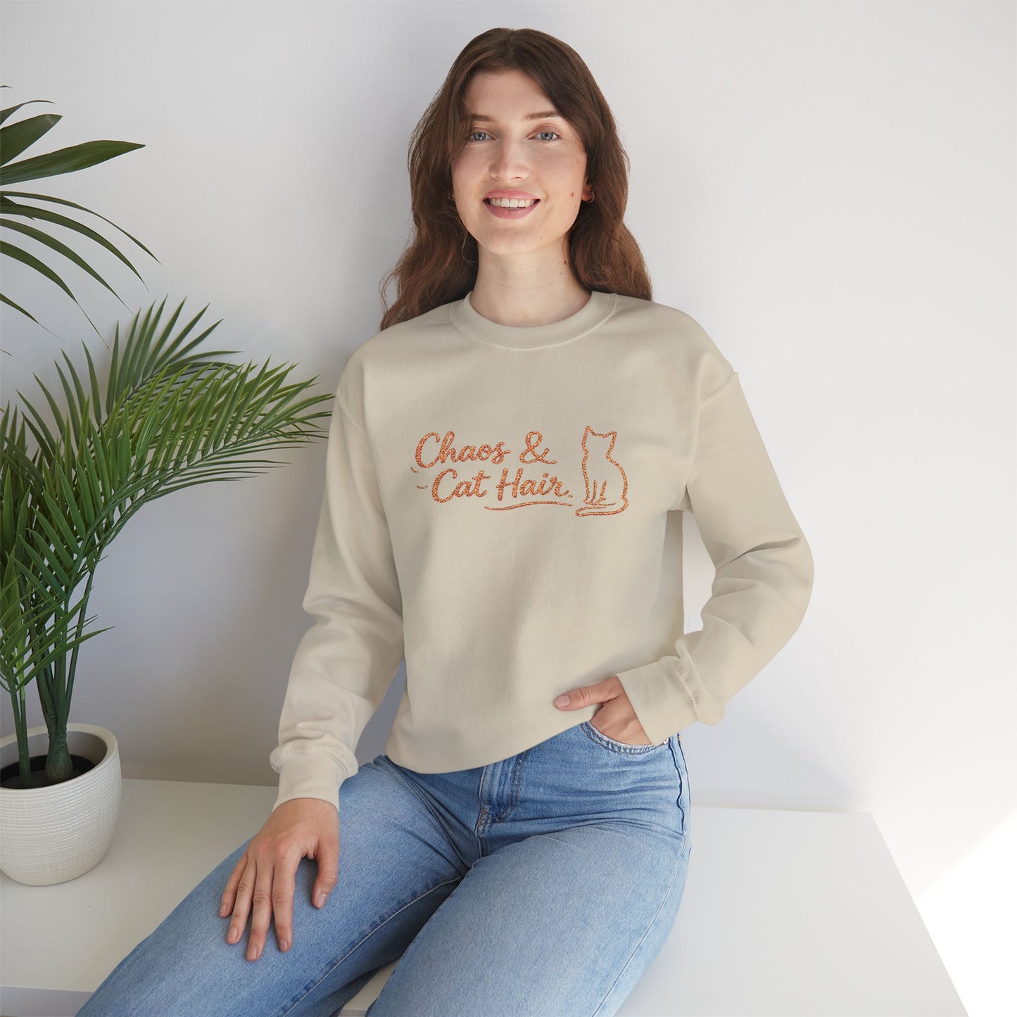Chaos & Cat Hair Embroidered Sweatshirt — Cute Cat Lover Crewneck