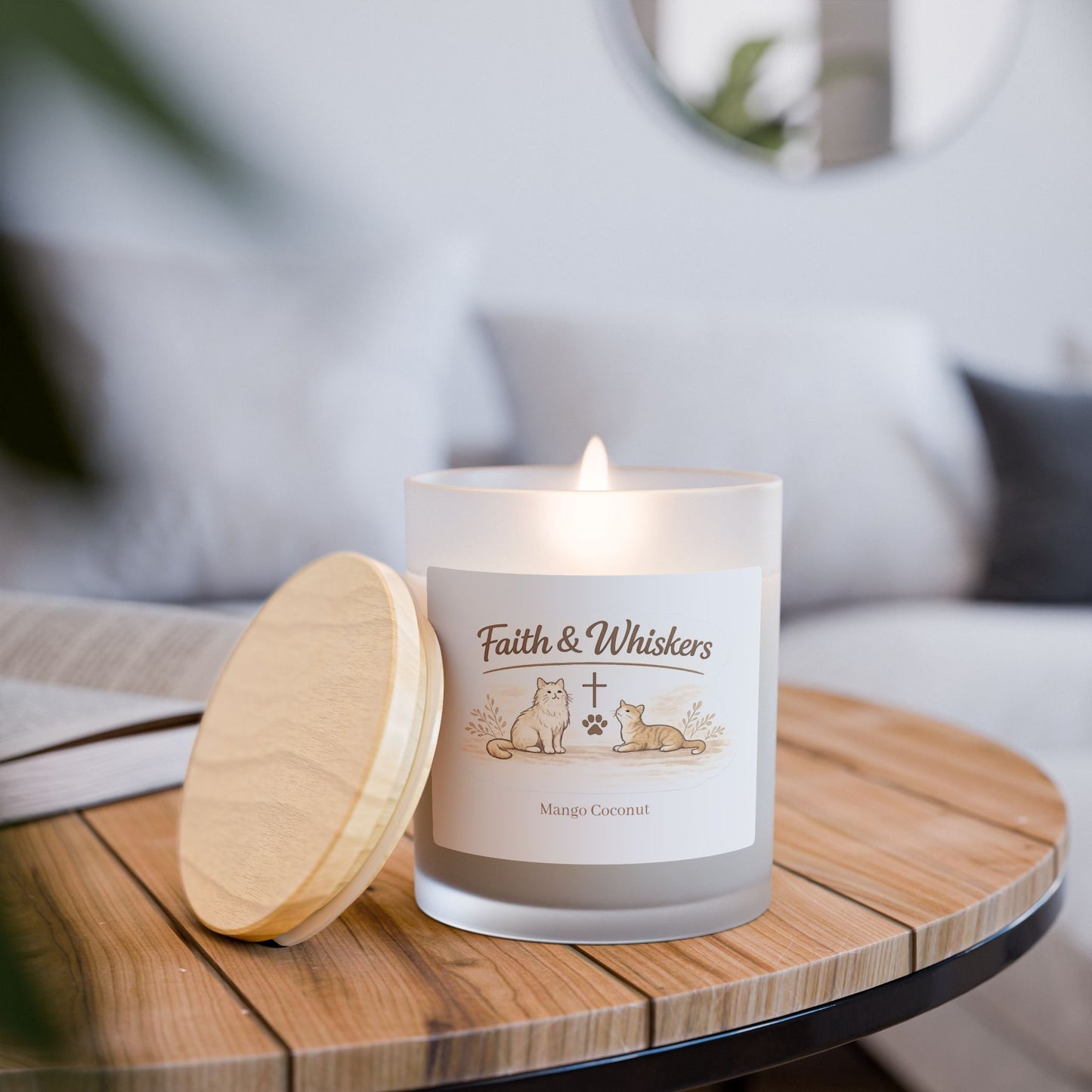 Faith & Whiskers Scented Frosted Glass Candle – Cute Cat Faith Inspired Chrsitian Design, 11 oz
