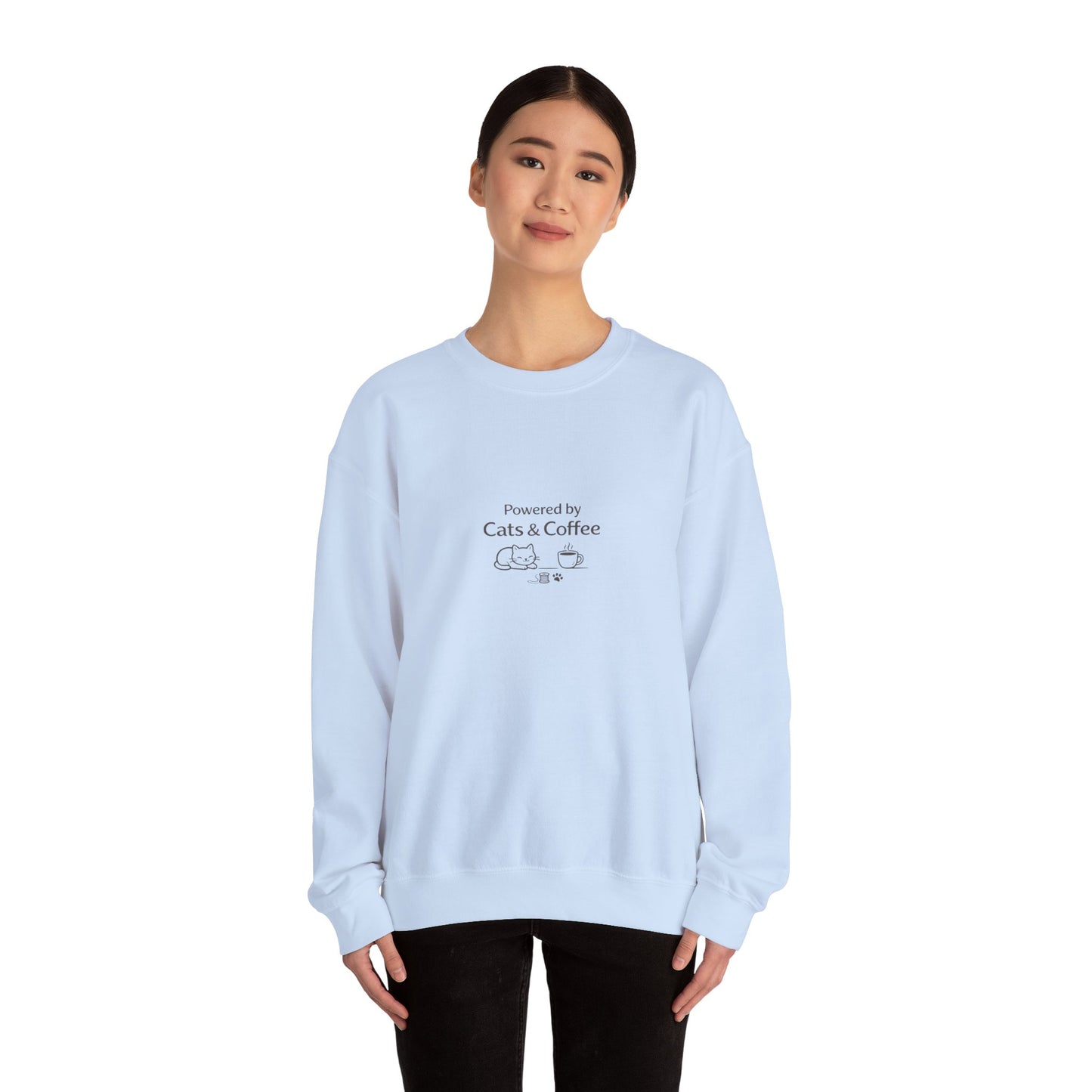 "Powered by Cats & Coffee" Print - Crewneck Sweatshirt Cute Cat and Coffee Graphic