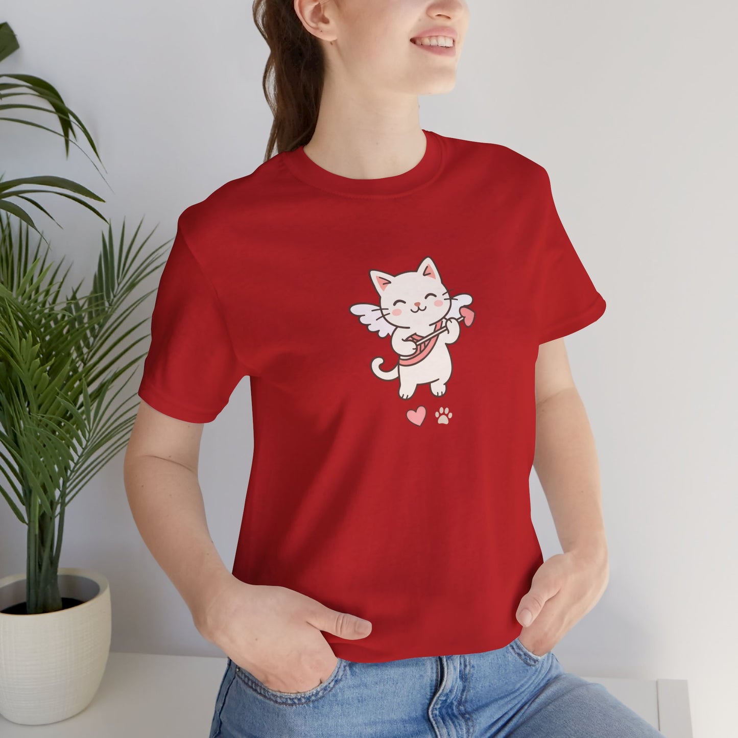 Cute Cupid Kitty T-Shirt — Angel Cat Playing Ukulele with Hearts