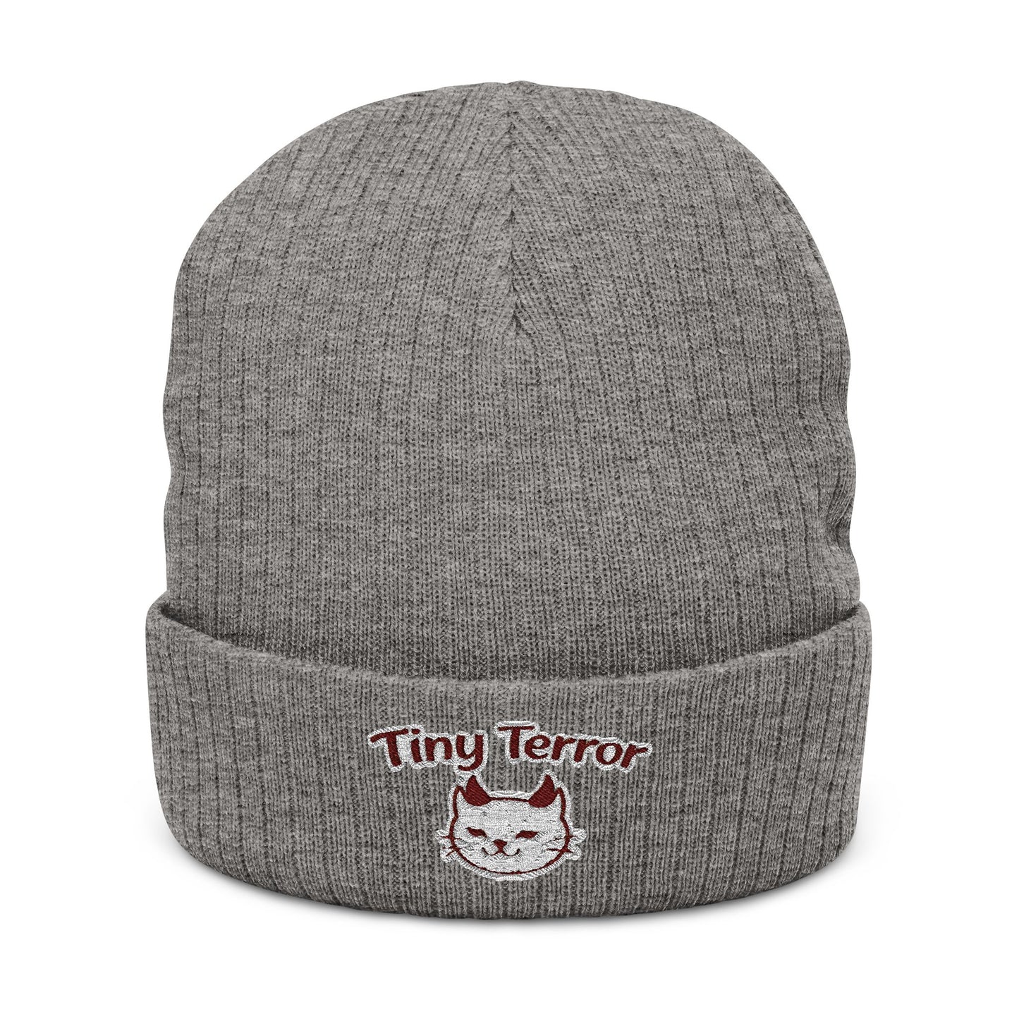 Embroidered 'Tiny Terror' Cat Ribbed Knit Beanie — Cozy Winter Hat