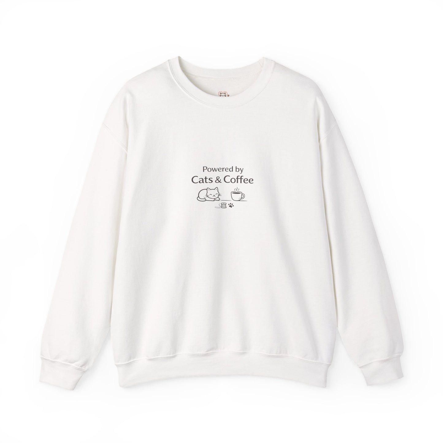 "Powered by Cats & Coffee" Print - Crewneck Sweatshirt Cute Cat and Coffee Graphic
