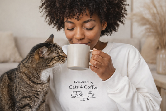 "Powered by Cats & Coffee" Print - Crewneck Sweatshirt Cute Cat and Coffee Graphic