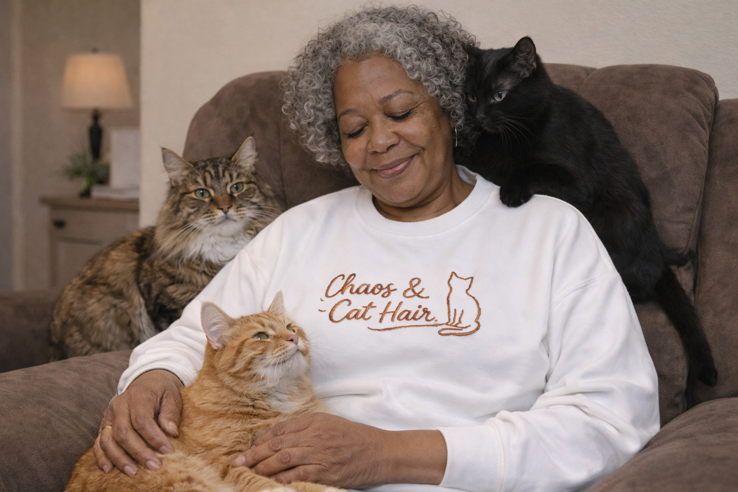 Chaos & Cat Hair Embroidered Sweatshirt — Cute Cat Lover Crewneck