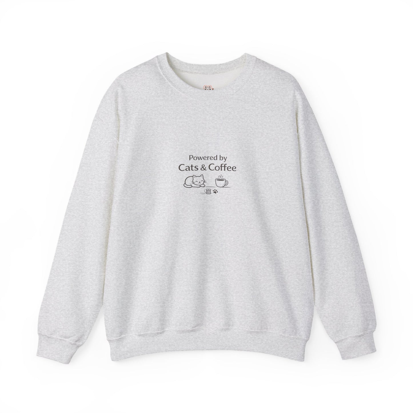 "Powered by Cats & Coffee" Print - Crewneck Sweatshirt Cute Cat and Coffee Graphic