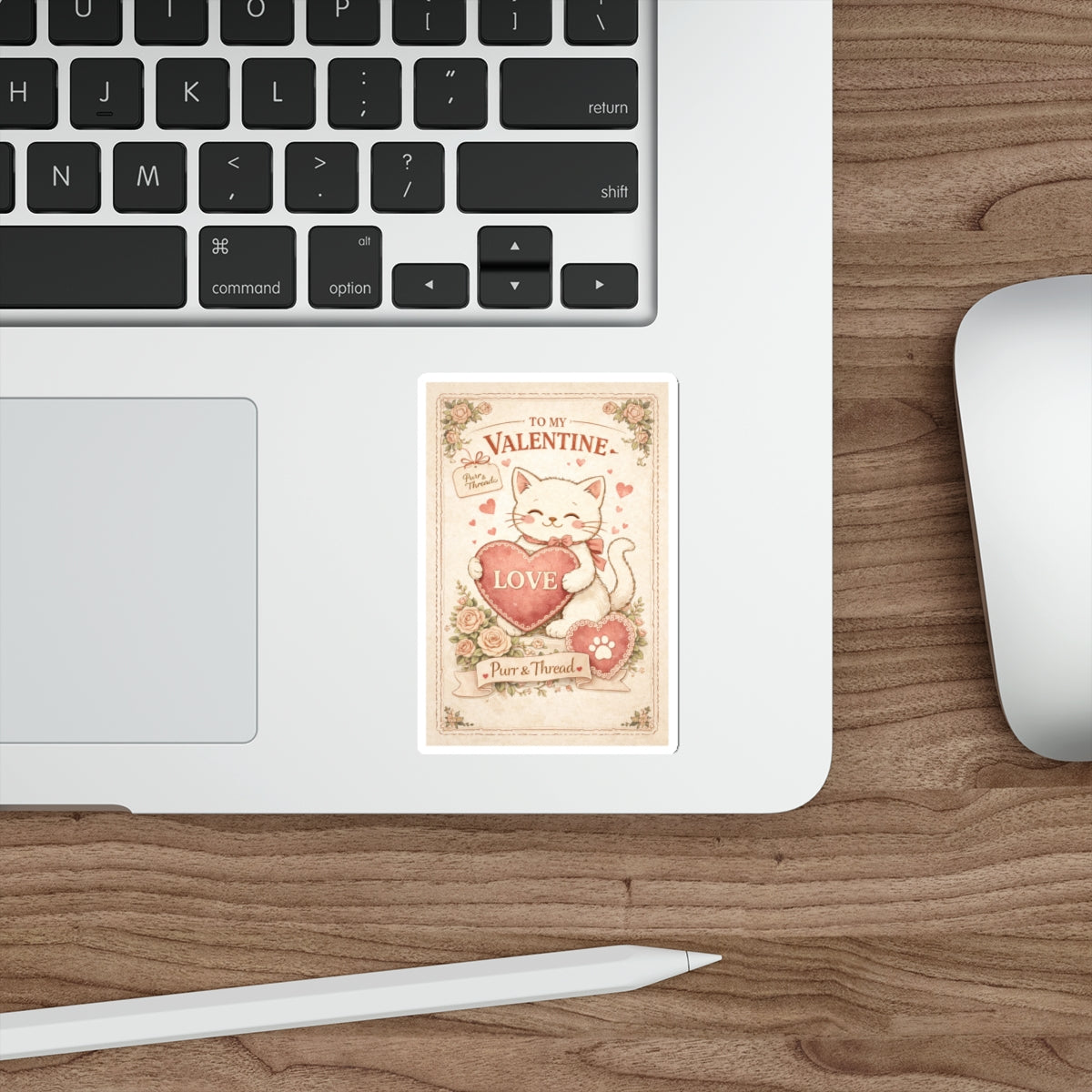 Vintage Postcard Valentine Cat Die-Cut Sticker — Vintage Cat Lover Sticker for Laptops & Journals