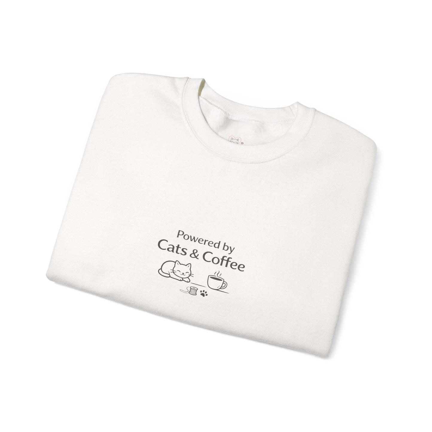 "Powered by Cats & Coffee" Print - Crewneck Sweatshirt Cute Cat and Coffee Graphic