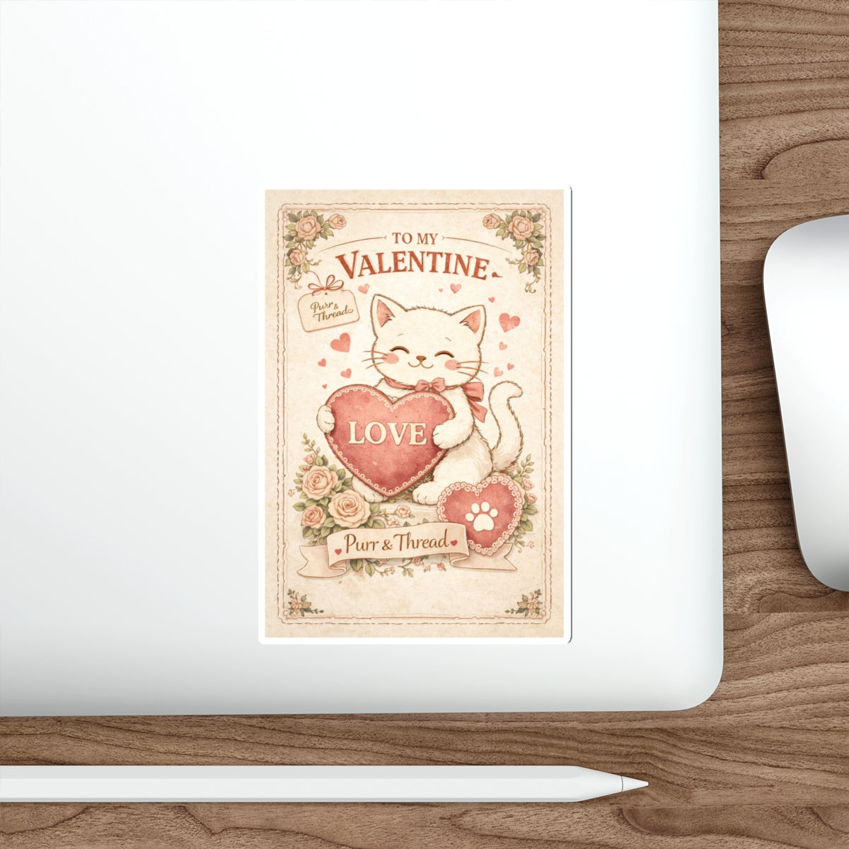 Vintage Postcard Valentine Cat Die-Cut Sticker — Vintage Cat Lover Sticker for Laptops & Journals
