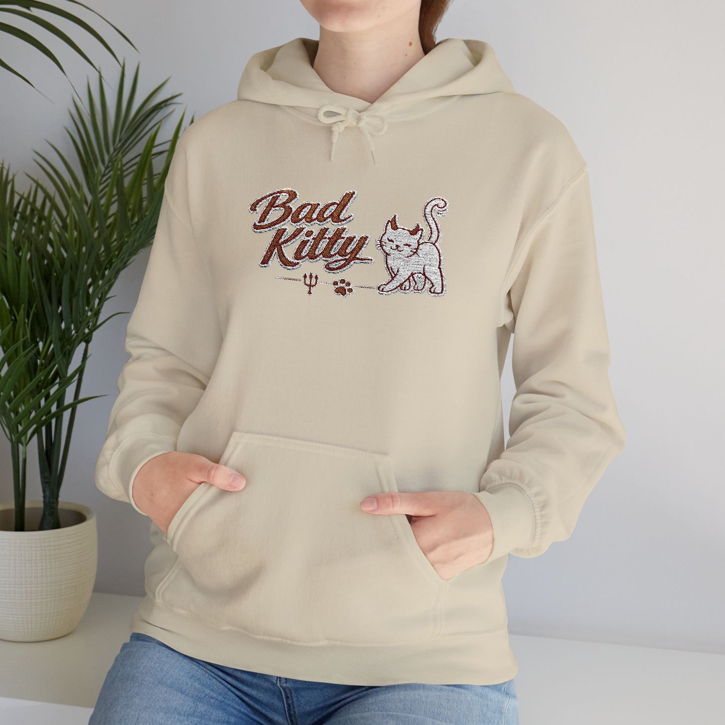 Bad Kitty Embroidered Hoodie — Cute Retro Cat Graphic Pullover