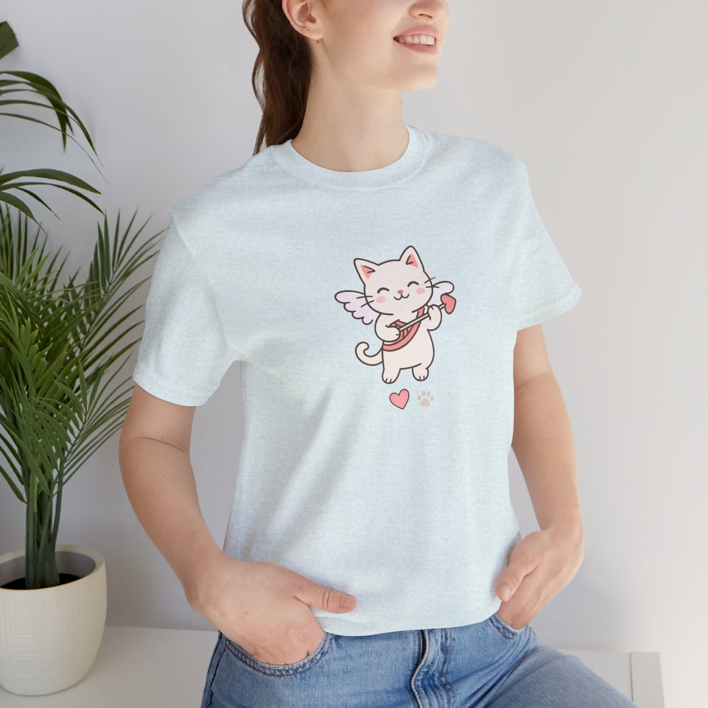 Cute Cupid Kitty T-Shirt — Angel Cat Playing Ukulele with Hearts