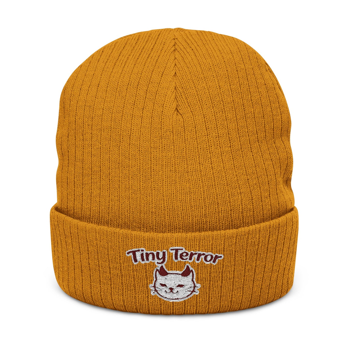 Embroidered 'Tiny Terror' Cat Ribbed Knit Beanie — Cozy Winter Hat