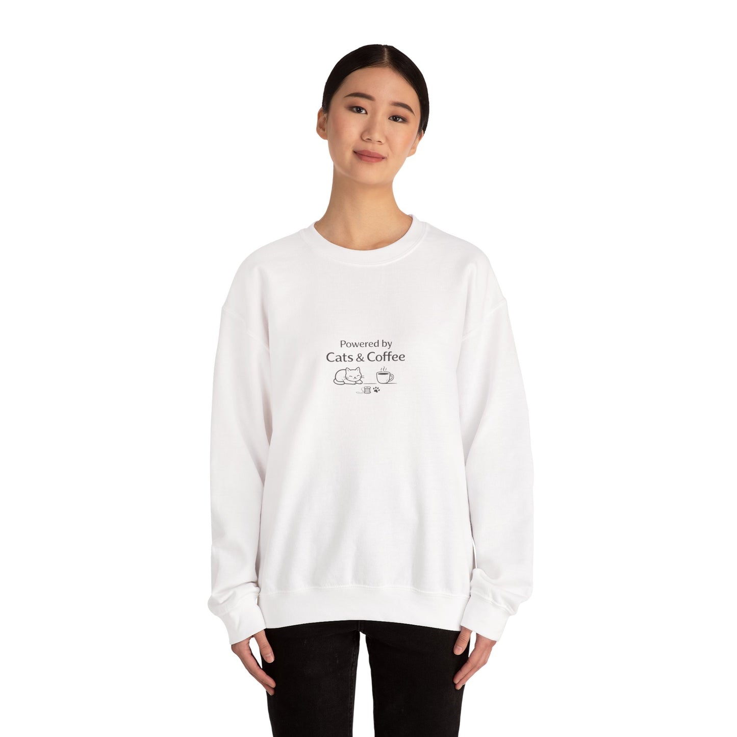 "Powered by Cats & Coffee" Print - Crewneck Sweatshirt Cute Cat and Coffee Graphic