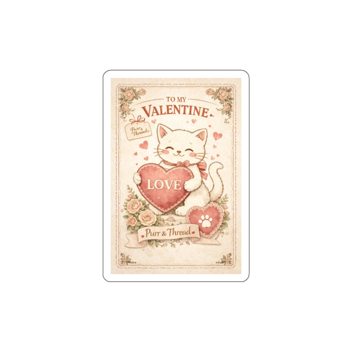 Vintage Postcard Valentine Cat Die-Cut Sticker — Vintage Cat Lover Sticker for Laptops & Journals