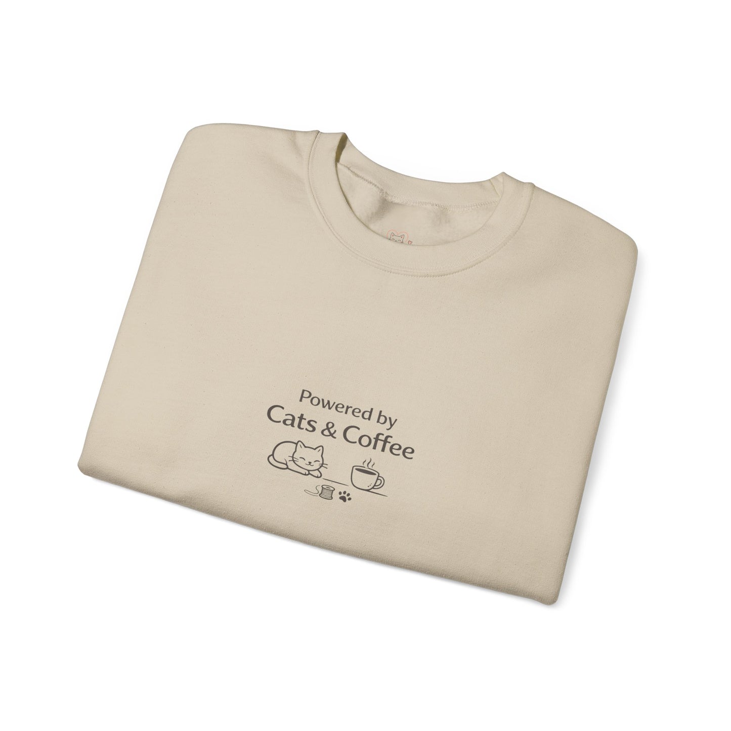 "Powered by Cats & Coffee" Print - Crewneck Sweatshirt Cute Cat and Coffee Graphic