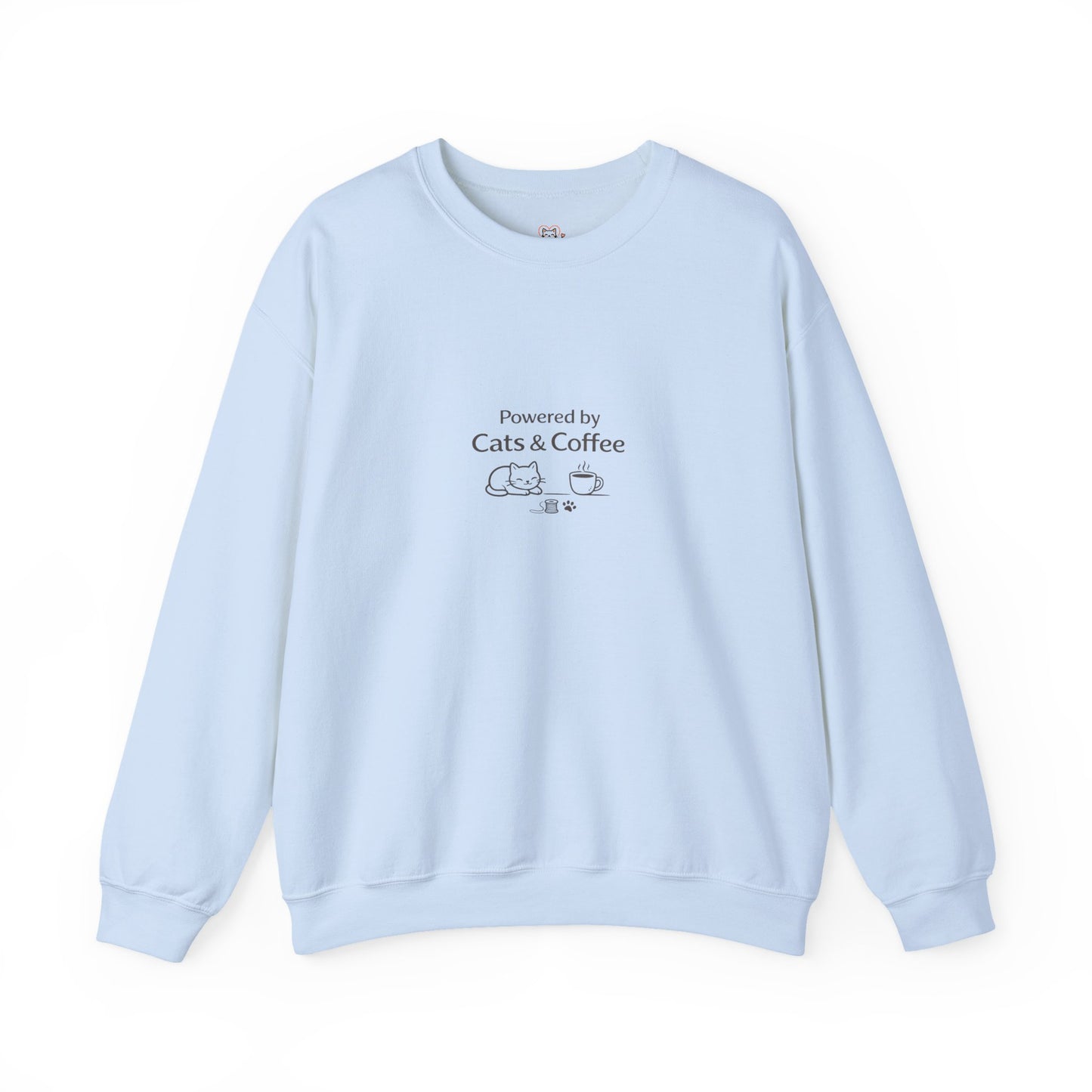 "Powered by Cats & Coffee" Print - Crewneck Sweatshirt Cute Cat and Coffee Graphic